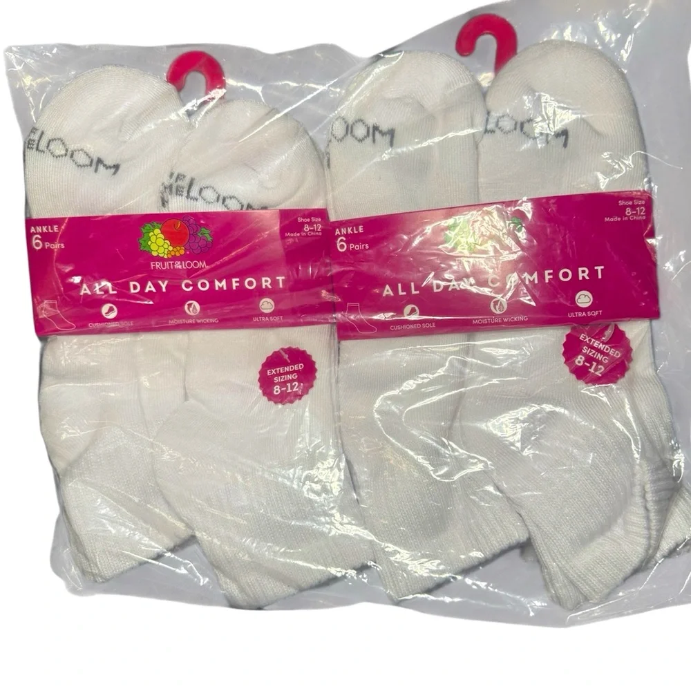Fruit of the Loom All Day Comfort Ankle White Socks - Extended Sizing 8-12